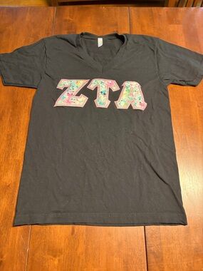 American Apparel Black V‑Neck Tee with Pink and Green ZTA Applique